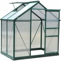 Outsunny Serre De Jardin Aluminium Polycarbonate 2,51 M² Dim. 1,9L X 1,32l X 2,01H M Lucarne, Porte Coulissante + Fondation Incluse Alu. Vert Polycarbonate Transparent - Vert