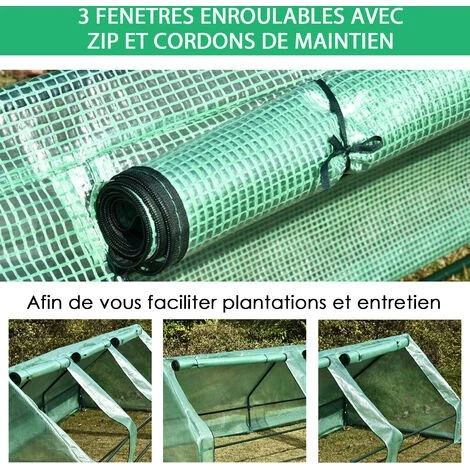 Outsunny Mini Serre De Jardin Serre à Tomates 400L X 100l X 80H Cm Acier PE Haute Densité 140 G/m² Anti-UV 3 Fenêtres Avec Zip Enroulables Vert - Vert 7 Outsunny Mini Serre De Jardin Serre à Tomates 400L X 100l X 80H Cm Acier PE Haute Densité 140 G/m² Anti-UV 3 Fenêtres Avec Zip Enroulables Vert - Vert – Image 5