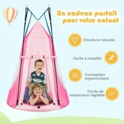 COSTWAY Balançoire Nid D’Oiseau Ø100CM Avec Tente Charge Maximal 150KG Pour Enfants Et Adultes Hauteur Réglable De 100 à 160CM Rose -France Serre de jardin Soldes 2022 19890764 3