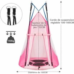 COSTWAY Balançoire Nid D’Oiseau Ø100CM Avec Tente Charge Maximal 150KG Pour Enfants Et Adultes Hauteur Réglable De 100 à 160CM Rose -France Serre de jardin Soldes 2022 19890764 4