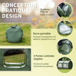 Outsunny Serre Pop-up - Serre De Jardin Pop-up - 4 Portes Zippées Enroulables - Dim. 2,5L X 1,25l X 1,35H M - Sac Transport Inclus - PVC Vert - Vert -France Serre de jardin Soldes 2022 28185961 4