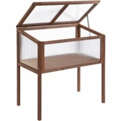 Outsunny Mini Serre Sur Pieds Dim. 90L X 50l X 93H Cm Toit Ouvrable Panneaux De Polycarbonate Bois Sapin Traité - Marron