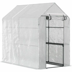 Outsunny Serre De Jardin 2 Tablettes Dim. 1,86L X 1,2l X 1,9H M Porte Déroulante Acier PE Haute Densité 140 G/m² Transparent Blanc - Blanc