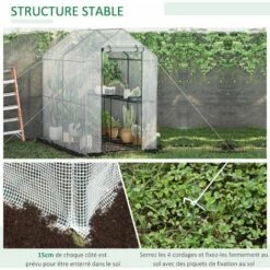 Outsunny Serre De Jardin 2 Tablettes Dim. 1,86L X 1,2l X 1,9H M Porte Déroulante Acier PE Haute Densité 140 G/m² Transparent Blanc - Blanc -France Serre de jardin Soldes 2022 28503730 4