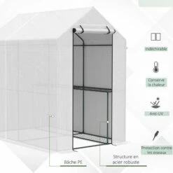 Outsunny Serre De Jardin 2 Tablettes Dim. 1,86L X 1,2l X 1,9H M Porte Déroulante Acier PE Haute Densité 140 G/m² Transparent Blanc - Blanc -France Serre de jardin Soldes 2022 28503730 5
