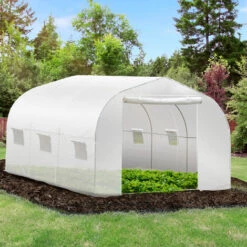 Outsunny Serre Tunnel De Jardin Dim. 3,5L X 3l X 2H M Porte + 6 Fenêtres Enroulables Acier Galvanisé Bâche PE Haute Densité Blanc -France Serre de jardin Soldes 2022 28909967 2