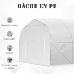 Outsunny Serre Tunnel De Jardin Dim. 3,5L X 3l X 2H M Porte + 6 Fenêtres Enroulables Acier Galvanisé Bâche PE Haute Densité Blanc -France Serre de jardin Soldes 2022 28909967 5