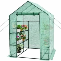 COSTWAY Serre De Jardin 3,9㎡avec Porte à Fermeture Enroulable Fenêtres D'Observation Bâche En PVC 8 Étagères 142 X 142 X 195 Cm Vert
