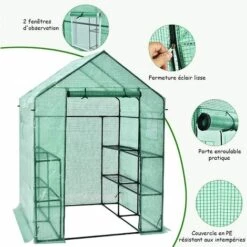 COSTWAY Serre De Jardin 3,9㎡avec Porte à Fermeture Enroulable Fenêtres D'Observation Bâche En PVC 8 Étagères 142 X 142 X 195 Cm Vert -France Serre de jardin Soldes 2022 30137462 4