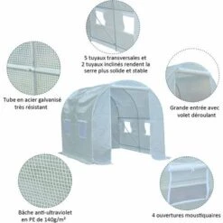 Outsunny Serre De Jardin Tunnel Surface Sol 5 M² 2,5L X 2l X 2H M Châssis Tubulaire Renforcé 18 Mm 4 Fenêtres Blanc -France Serre de jardin Soldes 2022 3023953 4
