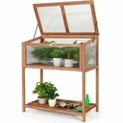 GOPLUS Mini Serre En Bois Et Plastique Transparent, Carré Potager Jardinière Rectangulaire Sur Pied, Avec Espace De Rangement Pour Outils, Convient Au Jardin Balcon Terrasse, 90X50X105cm, Brun