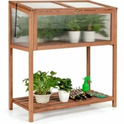 GOPLUS Mini Serre En Bois Et Plastique Transparent, Carré Potager Jardinière Rectangulaire Sur Pied, Avec Espace De Rangement Pour Outils, Convient Au Jardin Balcon Terrasse, 90X50X105cm, Brun -France Serre de jardin Soldes 2022 34761445 3