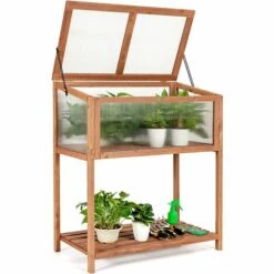 GOPLUS Mini Serre En Bois Et Plastique Transparent, Carré Potager Jardinière Rectangulaire Sur Pied, Avec Espace De Rangement Pour Outils, Convient Au Jardin Balcon Terrasse, 90X50X105cm, Brun -France Serre de jardin Soldes 2022 34761445 4