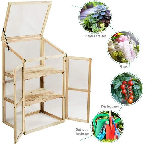 GOPLUS Serre En Bois Avec Vitrages Transparents Amovible En Polycarbonate, Avec Ouverture Inclinée, Serre Pour Plantes Et Légumes Pour Balcon Terrasse Jardin (60 X 45 X 100 Cm) 5 GOPLUS Serre En Bois Avec Vitrages Transparents Amovible En Polycarbonate, Avec Ouverture Inclinée, Serre Pour Plantes Et Légumes Pour Balcon Terrasse Jardin (60 X 45 X 100 Cm) – Image 3