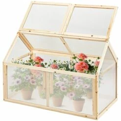 GOPLUS Serre En Bois Avec Vitrages Transparents Amovible En Polycarbonate, Avec Ouverture Inclinée, Serre Pour Plantes Et Légumes Pour Balcon Terrasse Jardin (100 X 53 X 71 Cm)