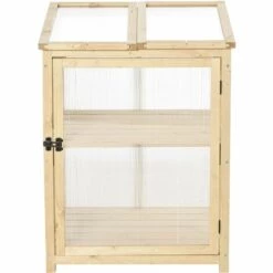 Outsunny Mini Serre De Jardin 2 Niveaux Dim. 62L X 63l X 82H Cm Porte Et Panneau Toit Ouvrant Bois Sapin Traité Polycarbonate -France Serre de jardin Soldes 2022 34833538 5
