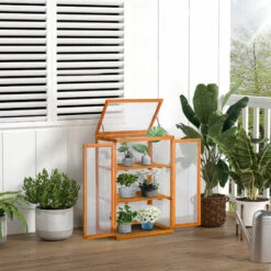 Outsunny Mini Serre De Jardin 3 Niveaux Dim. 58L X 44l X 78H Cm Double Porte Toit Ouvrant Bois Sapin Lasuré Polycarbonate - Orange -France Serre de jardin Soldes 2022 47140863 2