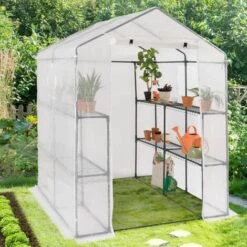 IDMARKET Serre De Jardin Blanche Toutes Saisons 8 étagères 2 Fenêtres Avec Moustiquaire Et Porte Zippée