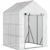 Outsunny Serre De Jardin 2 Tablettes Dim. 1,43L X 1,43l X 1,95H M Porte Déroulante Acier PE Haute Densité 140 G/m² Transparent Blanc