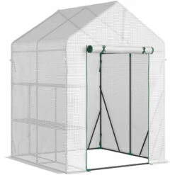 Outsunny Serre De Jardin 2 Tablettes Dim. 1,43L X 1,43l X 1,95H M Porte Déroulante Acier PE Haute Densité 140 G/m² Transparent Blanc -France Serre de jardin Soldes 2022 49904422 4
