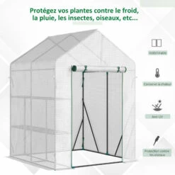 Outsunny Serre De Jardin 2 Tablettes Dim. 1,43L X 1,43l X 1,95H M Porte Déroulante Acier PE Haute Densité 140 G/m² Transparent Blanc -France Serre de jardin Soldes 2022 49904422 5