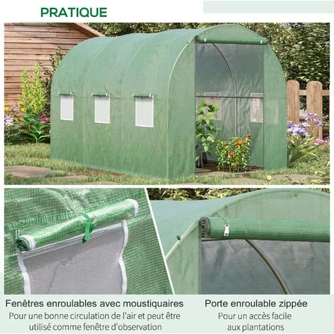 Outsunny Serre De Jardin Tunnel Surface Sol 5,47 M² 2,85L X 1,92l X 1,94H M Châssis Tubulaire Renforcé Porte Zippée 6 Fenêtres Enroulables Vert - Vert 7 Outsunny Serre De Jardin Tunnel Surface Sol 5,47 M² 2,85L X 1,92l X 1,94H M Châssis Tubulaire Renforcé Porte Zippée 6 Fenêtres Enroulables Vert - Vert – Image 5