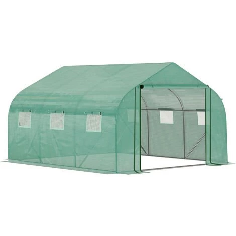 Outsunny Serre Tunnel De Jardin Grande Taille Dim. 3,47L X 3l X 2H M - 6 Fenêtres Et Porte Zippée Enroulable - Acier Galvanisé PE Haute Densité Vert 3 Outsunny Serre Tunnel De Jardin Grande Taille Dim. 3,47L X 3l X 2H M - 6 Fenêtres Et Porte Zippée Enroulable - Acier Galvanisé PE Haute Densité Vert