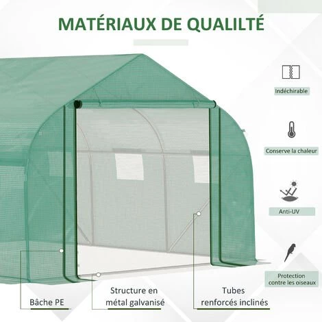 Outsunny Serre Tunnel De Jardin Grande Taille Dim. 3,47L X 3l X 2H M - 6 Fenêtres Et Porte Zippée Enroulable - Acier Galvanisé PE Haute Densité Vert 7 Outsunny Serre Tunnel De Jardin Grande Taille Dim. 3,47L X 3l X 2H M - 6 Fenêtres Et Porte Zippée Enroulable - Acier Galvanisé PE Haute Densité Vert – Image 5