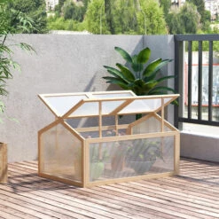 Outsunny Mini Serre De Jardin Serre à Tomates Dim. 102L X 71l X 53H Cm Double Toit Ouvrable 2 Niveaux Panneaux Polycarbonate Bois Sapin Pré-huilé - Beige -France Serre de jardin Soldes 2022 50909131 2