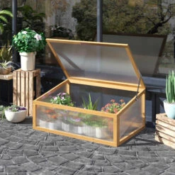 Outsunny Mini Serre De Jardin Serre à Tomates Dim. 90L X 60l X 40H Cm Toit Ouvrable Panneaux De Polycarbonate Bois Sapin Pré-huilé - Beige -France Serre de jardin Soldes 2022 52476579 2