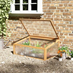 Outsunny Mini Serre De Jardin Serre à Tomates Dim. 90L X 60l X 40H Cm Toit Ouvrable Panneaux De Polycarbonate Bois Sapin Pré-huilé - Beige -France Serre de jardin Soldes 2022 52476579 5