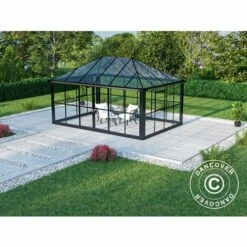 DANCOVER Kiosque De Jardin/Tonnelle De Jardin Verre 12,86m², 4,36x2,95x2,7m, Avec Base, Noir - Noir -France Serre de jardin Soldes 2022 53323145 5