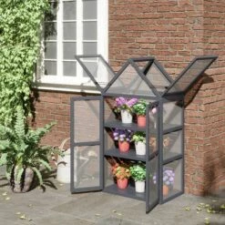 Outsunny Mini Serre De Jardin En Polycarbonate Cadre En Bois 3 Niveaux Dim. 70,5L X 42l X 132H Cm Double Porte Aérations Réglables Gris - Gris -France Serre de jardin Soldes 2022 53591957 4