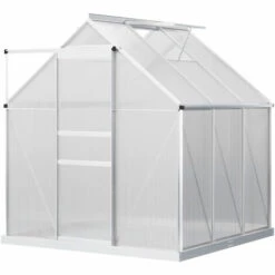 Outsunny Serre De Jardin Aluminium Polycarbonate 3,61 M² Dim. 1,9L X 1,9l X 2H M Lucarne Réglable Fondation Porte Coulissante - Transparent