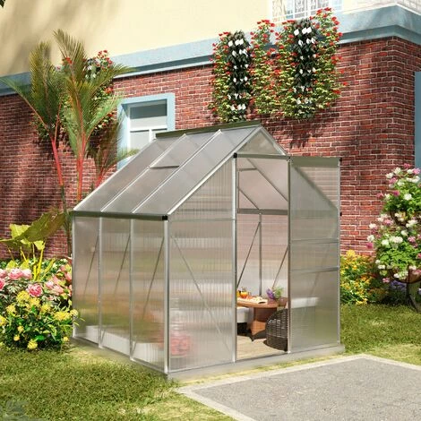Outsunny Serre De Jardin Aluminium Polycarbonate 3,61 M² Dim. 1,9L X 1,9l X 2H M Lucarne Réglable Fondation Porte Coulissante - Transparent 6 Outsunny Serre De Jardin Aluminium Polycarbonate 3,61 M² Dim. 1,9L X 1,9l X 2H M Lucarne Réglable Fondation Porte Coulissante - Transparent – Image 4