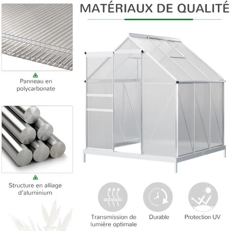 Outsunny Serre De Jardin Aluminium Polycarbonate 3,61 M² Dim. 1,9L X 1,9l X 2H M Lucarne Réglable Fondation Porte Coulissante - Transparent 7 Outsunny Serre De Jardin Aluminium Polycarbonate 3,61 M² Dim. 1,9L X 1,9l X 2H M Lucarne Réglable Fondation Porte Coulissante - Transparent – Image 5