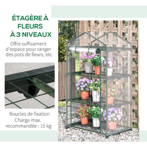 Outsunny Serre De Jardin Balcon étagère Serre 3 Niveaux Dim. 69L X 49l X 125H Cm Métal Thermolaqué Vert PVC Haute Densité Transparent - Vert 7 Outsunny Serre De Jardin Balcon étagère Serre 3 Niveaux Dim. 69L X 49l X 125H Cm Métal Thermolaqué Vert PVC Haute Densité Transparent - Vert – Image 5