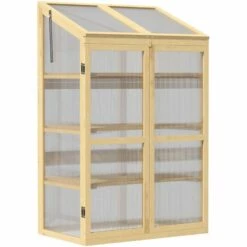 Outsunny Mini Serre De Jardin En Polycarbonate Cadre En Bois 3 étagères Dim. 80L X 50l X 130H Cm Double Porte Toit Ouvrant Bois De Sapin Autoclave - Beige