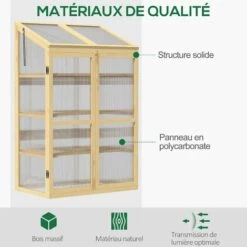 Outsunny Mini Serre De Jardin En Polycarbonate Cadre En Bois 3 étagères Dim. 80L X 50l X 130H Cm Double Porte Toit Ouvrant Bois De Sapin Autoclave - Beige -France Serre de jardin Soldes 2022 53591964 5