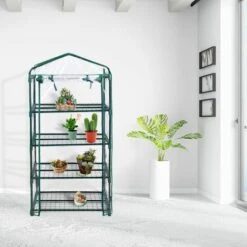 COSTWAY Serre De Jardin Balcon Avec 4 Étagères Réglables Porte Roulante Cadre En Fer Bâche Amovible PE 69 X 49 X 160 Cm Vert -France Serre de jardin Soldes 2022 54816780 3