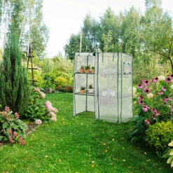 Relaxdays Petite Serre, 4 étagères, 2 Portes Et Fenêtres, Toit Incliné, En PE, HxLxP : 162 X 143 X 46 Cm, Blanc -France Serre de jardin Soldes 2022 61314105 3
