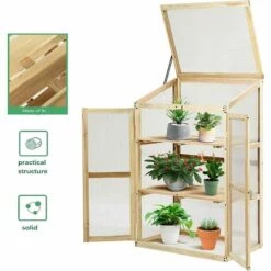 GIANTEX Serre De Jardin En Bois De Sapin, Mini Serre Balcon Pour Plantes, Serre Solide En Polycarbonate Transparent,avec Lumière Appropriée,pour Balcon Jardin Terrasse, Naturelle (60x45x100CM) -France Serre de jardin Soldes 2022 63737916 4