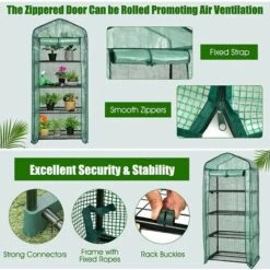 RELAX4LIFE Serre De Jardin à 4 Étagères Amovibles Avec Couverture PVC/PE, Cadre En Acier Film Plastique Résistant Avec Porte Enroulable Zippée(70x49x159cm, Vert) -France Serre de jardin Soldes 2022 64129870 5